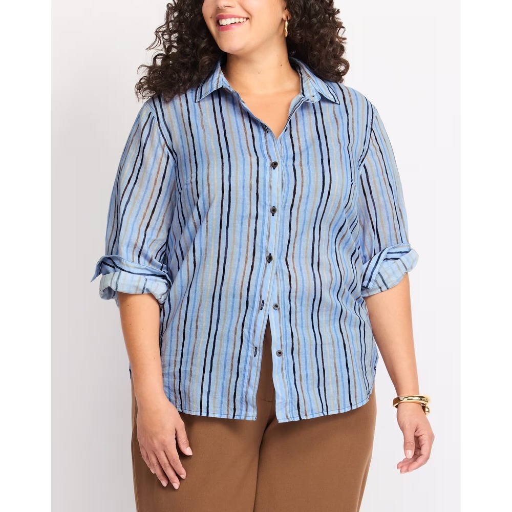 NIC+ZOE In Line Shirt Blue Multi Striped Linen Blend Button Down Top Womens XL